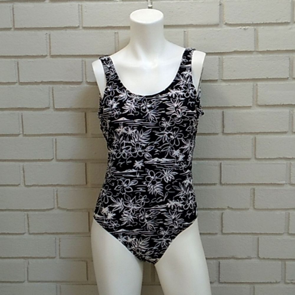 Islander Black/White Tropical One Piece Swim Suit. Size 14